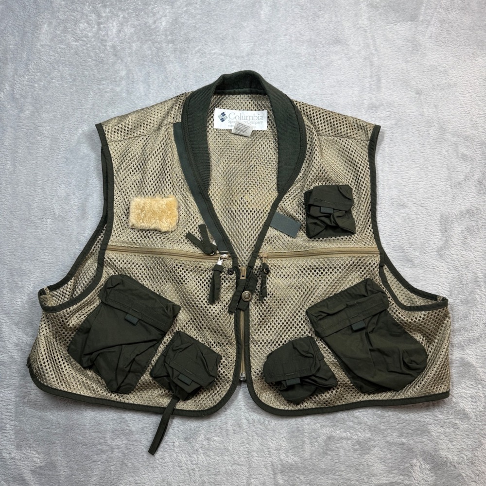 Vintage Columbia PFG Fishing Vest Mens XXL Tan Green Mesh Utility Pocket 90s
